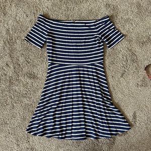 White House Black Market Navy and White Striped off the shoulder small dress